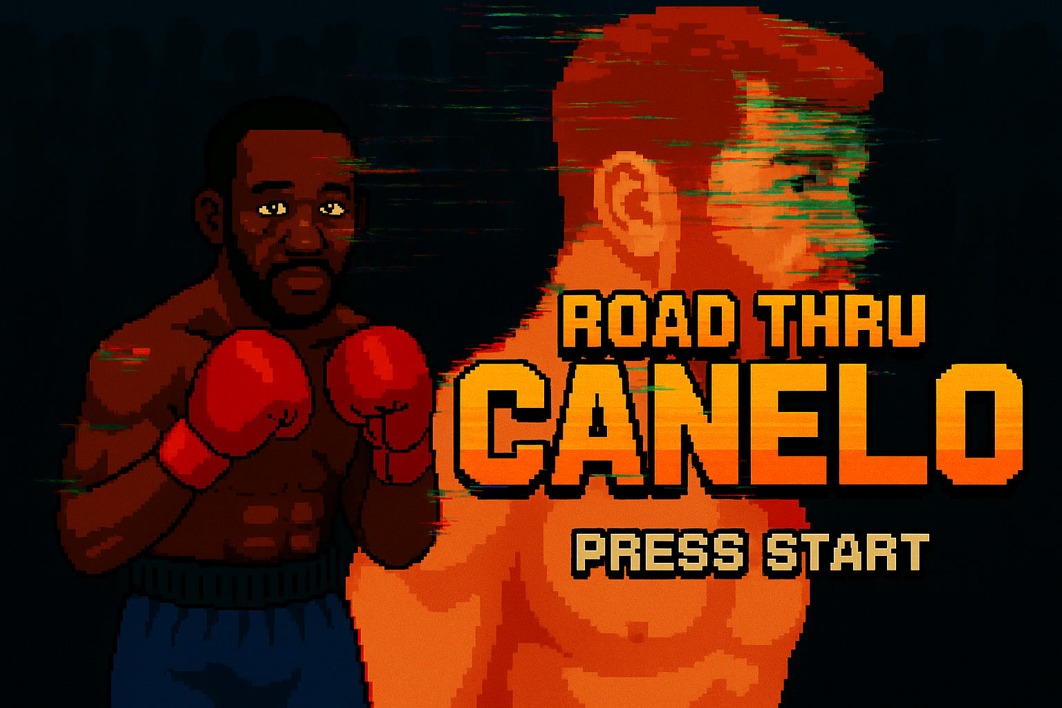 Pixel art boxing game title screen featuring two boxers and the text 'ROAD THRU CANELO PRESS START'